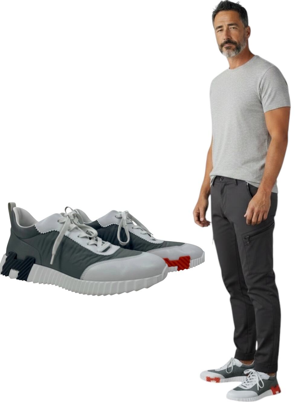 Hermes Lace Up Low Top Bouncing Sneakers Leather Gray White Size 44.5